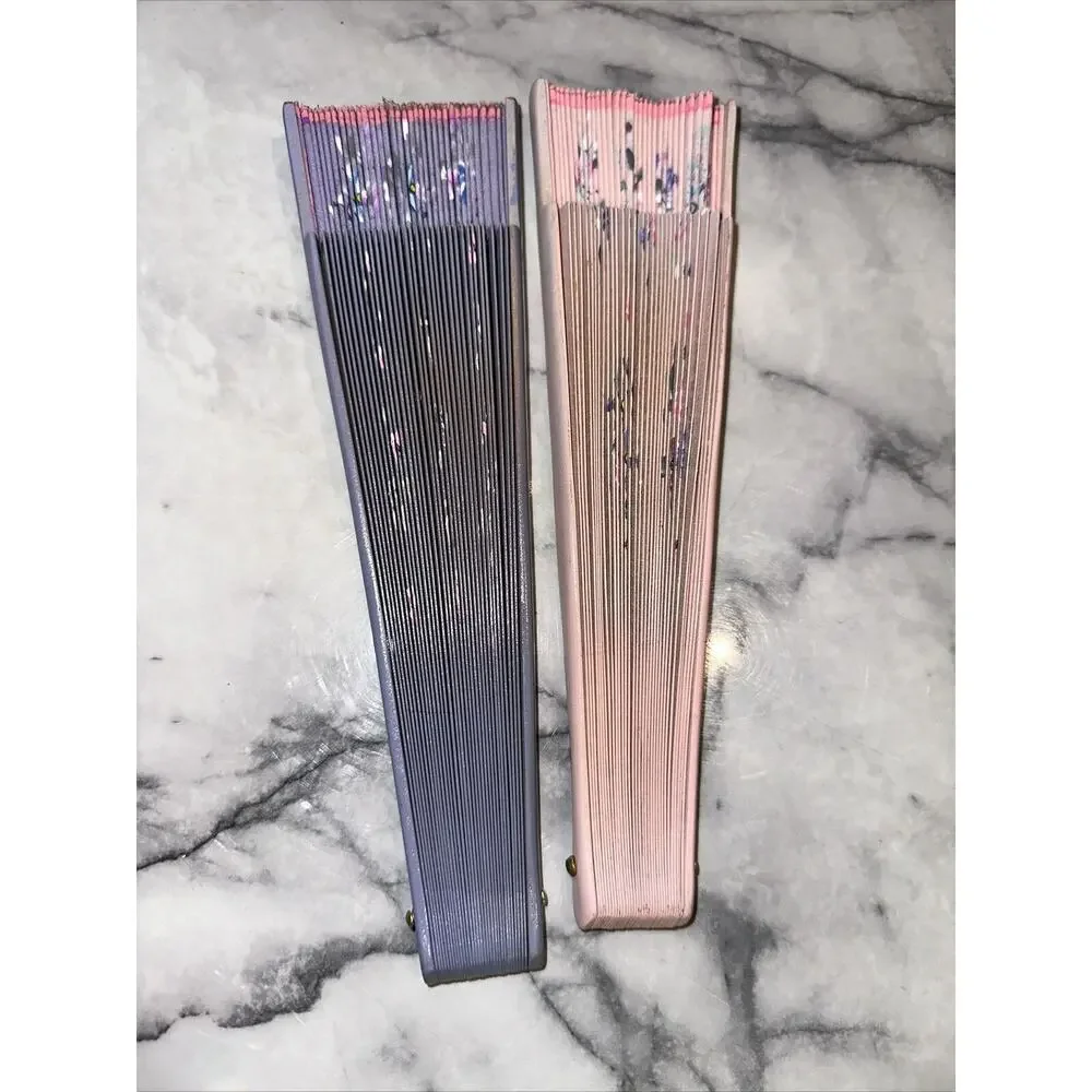 2 Vintage‎ Handpainted Wooden Foldable Hand Fans Pink Purple Flowers 17x9 Asian